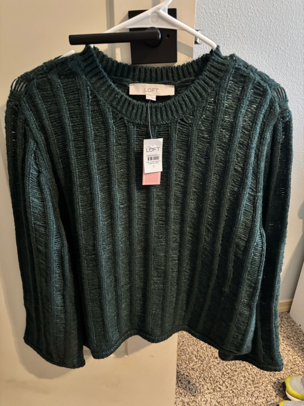 LOFT Dark Forest Green Ribbed Crewneck Sweater